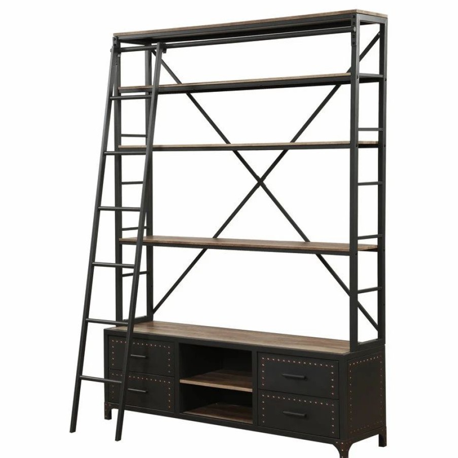 Shelving * | Acme Furniture Acme Actaki Etagere Bookcase With Ladder In Sandy Gray