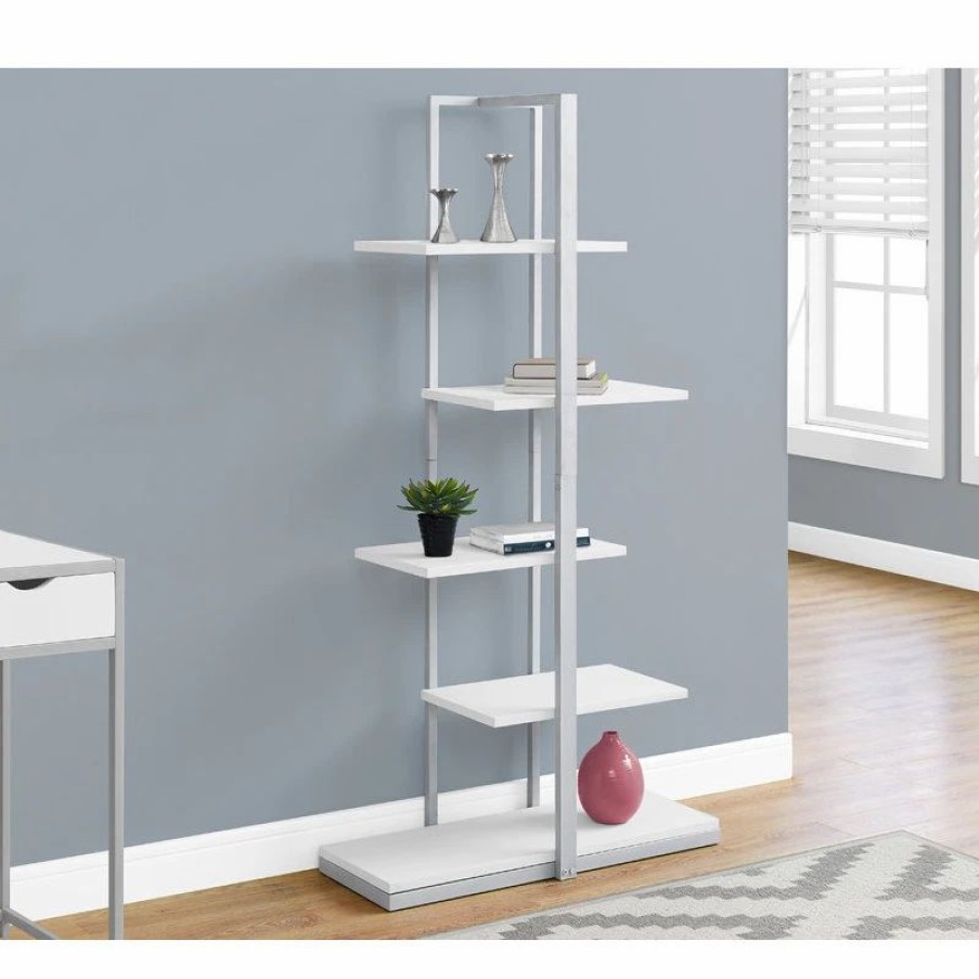 Shelving * | Monarch Specialties Bookshelf, Bookcase, Etagere, 5 Tier, 60 H, Office, Bedroom, Metal, White/Silver