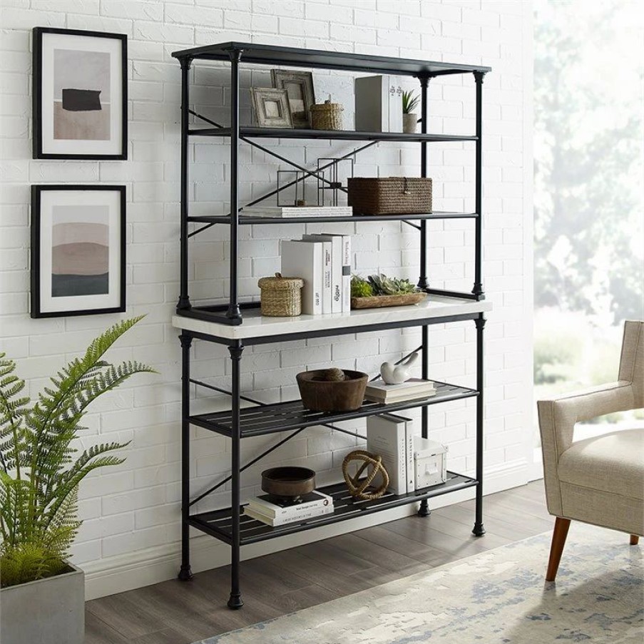 Shelving * | Crosley Madeleine 2 Piece 15 Faux Marble Bakers Rack In Matte Black