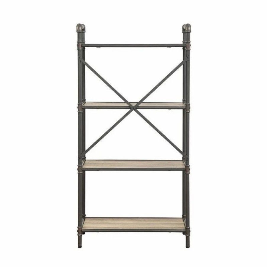 Shelving * | Acme Furniture Acme Itzel 4 Wooden Tiers Rectangular Bookshelf In Antique Oak And Sandy Gray