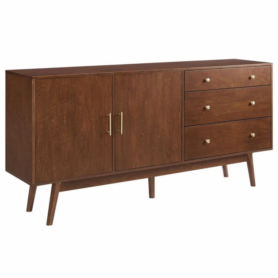 Buffets & Sideboards * | Walker Edison 70 Mid Century Modern 3 Drawer, 2 Door Sideboard, Walnut