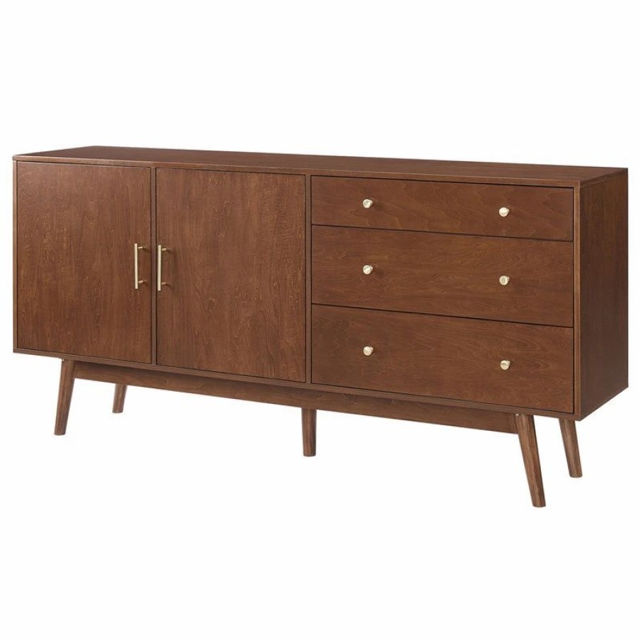 Buffets & Sideboards * | Walker Edison 70 Mid Century Modern 3 Drawer, 2 Door Sideboard, Walnut